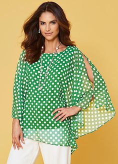 Spot Print Batwing Top Baggy Tops, Batwing Top, Green Polka Dot, Sheer Chiffon, Bat Wings, Kimonos, Top Shirt, Print Design