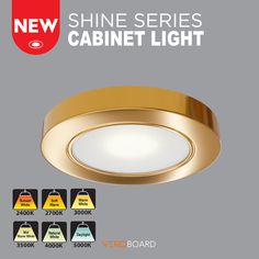 the new shine series cabinet light is available in various colors and sizes, including gold