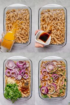 four images show how to make an entree with onions, carrots and other ingredients