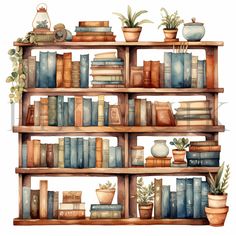 a watercolor painting of bookshelves with plants and potted plants on them