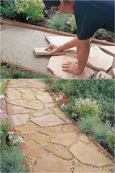 a man is sanding up some plants and stepping stones on the ground in front of his house