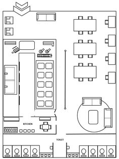 the floor plan for a restaurant with seating and tables, including an oven, counter top,