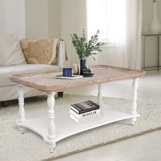 a living room with a couch, coffee table and books on the carpeted floor