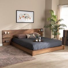 a bed room with a neatly made bed and a plant on the side of the bed