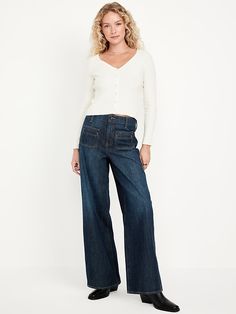 High-Waisted Baggy Wide-Leg Trouser Jeans | Old Navy High Waisted Wide Leg Jeans Outfit, Trousers Outfit Work, Jean Trousers Outfit, Womens Trouser Jeans, Wide Leg Jeans Outfit, High Waisted Wide Leg Jeans, Jeans Outfit Winter, Clothes For Women Over 50, Utility Pockets