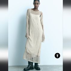 Zara Wool And Alpaca Blend Fabric. Round Neck And Long Sleeves. Ripped Details And Under Slip Dress. Classy Loungewear, Elegant Style Dress, Strappy Maxi Dress, Zara Knit, Maxi Slip Dress, Stretchy Dress, Dress C, Dress With Bow, Long Sweaters