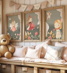 a teddy bear sitting on top of a wooden bench next to two framed pictures above it