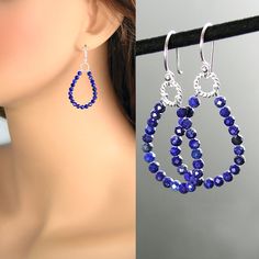 Dainty, genuine Lapis Lazuli dangle drop hoop earrings featuring tiny, finely cut, faceted semi-precious stones. Simple and lightweight. More details : - ALL .925 Sterling Silver - wire, links, French hooks - Micro-faceted, tiny Lapis Lazuli semi-precious stones, approx. 3mm - The earrings are approx. 1 3/4" (45mm) in total length More HOOP earrings, in my shop: https://www.etsy.com/shop/DorotaJewelry?ref=seller-platform-mcnav§ion_id=28150357 More Lapis Lazuli Blue jewelry in my shop, including matching necklace: https://www.etsy.com/shop/DorotaJewelry?ref=seller-platform-mcnav&search_query=lapis --- Please, keep in mind that the jewelry in the photographs looks larger than it does in person. I post close up pictures to show the details in the jewelry. --- All of the designs in my shop are Sapphire Sterling Silver Hoop Earrings, Faceted Teardrop Earrings For Jewelry Making, Beaded Jewelry Earrings, French Hook Earrings, Handmade Wire Jewelry, Homemade Jewelry, Earrings Simple, Blue Jewelry, Simple Jewelry