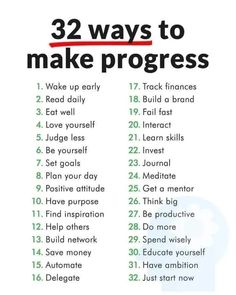 a poster with the words 32 ways to make progress