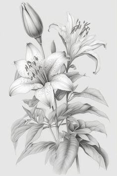 a pencil drawing of flowers on a white background