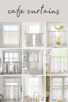 different types of curtains and valances in the kitchen with text overlay that says cafe curtains