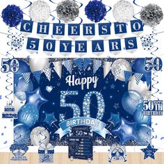 a blue and white 50th birthday party decoration kit with balloons, streamers, pom poms