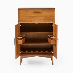 a wooden cabinet with two drawers and one drawer open