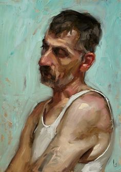 an oil painting of a man in white tank top with his hands on his chest