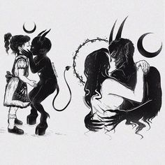 two black and white drawings of people with horns on their heads, one is kissing the other