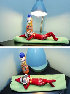 two pictures of a person laying on a towel