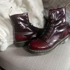 Red Dr Martens. Woman’s Size 8. Like New. Classic Red Winter Boots, Fitted Burgundy Casual Boots, Red Dr Martens, Dr Martens Shoes, Martens Shoes, Moto Boots, Dr. Martens, Black Red, Black And Red