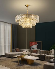 a living room with couches, tables and a chandelier hanging from the ceiling