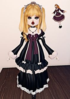 a digital painting of a doll dressed in black and white with long blonde hair wearing a dress