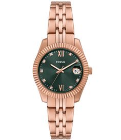 From Fossil&#x2C; this women's watch features:Rose gold stainless steel bracelet and caseGreen sunray dial 2 pusher foldover clasp closureQuartz three-hand movementBand width approx. 16mmCase size approx. 32mmCase thickness approx. 10mmInner Circumference: 175 /- 5mmWater Resistance: 5 ATM2-year limited warrantyImported. Accessories Watches Women, Fossil Watches Women, Gold Watches Women, Watches Women, Fossil Watches, Three Hands, Crystal Rose, Dillard's, Steel Bracelet