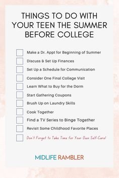 a checklist with the text things to do with your teen the summer before college