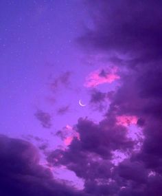 the sky is filled with purple clouds as the moon shines brightly in the distance