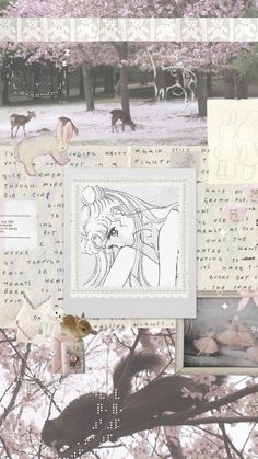 an artistic collage with pictures and drawings on it's side, including pink flowers