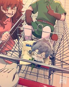 two anime characters sitting in a shopping cart