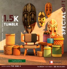 an advertisement for a special event with african masks on the wall and chairs in front of them