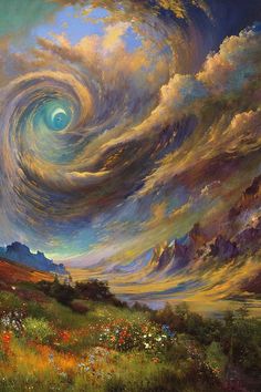 an oil painting of a swirling sky over a mountain range with wildflowers in the foreground