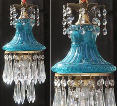 two pictures of a blue chandelier with crystal drops hanging from it's sides