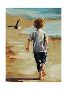 a painting of a boy walking on the beach with a seagull in the background