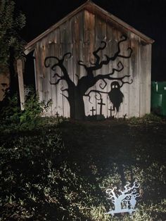 the shadow of a tree is projected on a barn