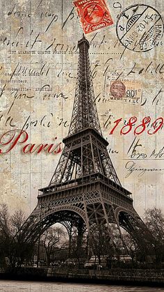 the eiffel tower is surrounded by stamps