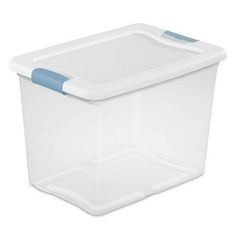 a plastic storage box with blue handles