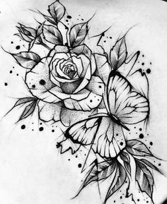 a rose and butterfly tattoo design on the back of a woman's shoulder,