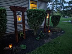 some plants and lights in front of a house