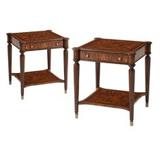 a pair of end tables with drawers on each side and an open shelf at the top