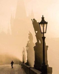 a person walking down a street next to a light pole and lamp post on a foggy day