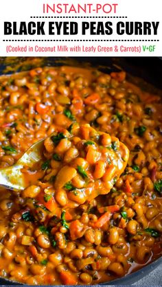 instant pot black eyed peas curry in a skillet with a ladle full of beans