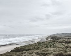 an empty beach with grass on the sand and waves in the water behind it, under a cloudy sky