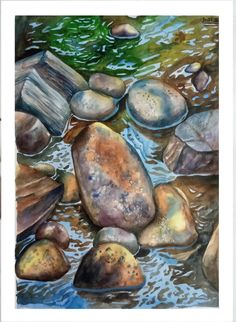 a painting of rocks in the water