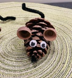 a pine cone with googly eyes on it sitting on a placemat made to look like a caterpillar