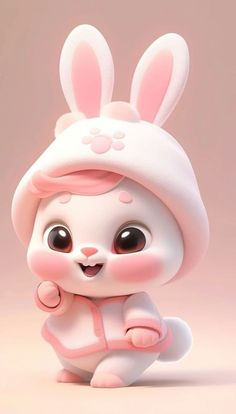 an adorable little bunny doll sitting on top of a white floor next to a pink wall