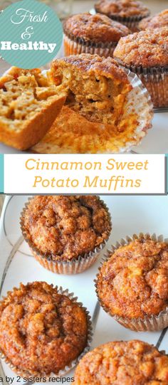 cinnamon sweet potato muffins on a plate with the words fresh and healthy above them