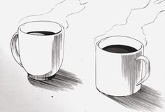 two coffee mugs with steam rising from the top and bottom, on a white surface