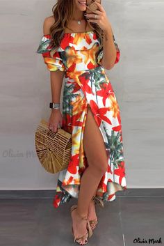 Olivia Mark - Off-the-Shoulder Short Sleeve Dress for Women with Multicolor Patchwork Print Sukienki Plus Size, Tropical Print Dress, Tropical Dress, Dress Sleeve Styles, Linnet, Necklines For Dresses, Outfit Casual, Tropical Print, Floral Print Dress