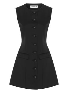 Structured Dress Casual, Chic Black Sleeveless Dress With Buttons, Chic Black Mini Dress With Buttons, Zara Closet, Black Cotton Mini Dress With Buttons, Chic Black Mini Dress With Button Closure, Luxury Black Structured Mini Dress, Ladies Trouser Suits, Anna Quan