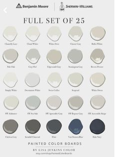 the full set of 25 painted color boards is shown in various colors and sizes, including white