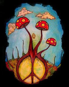 a painting of three trees with mushrooms growing out of the tops and clouds in the sky